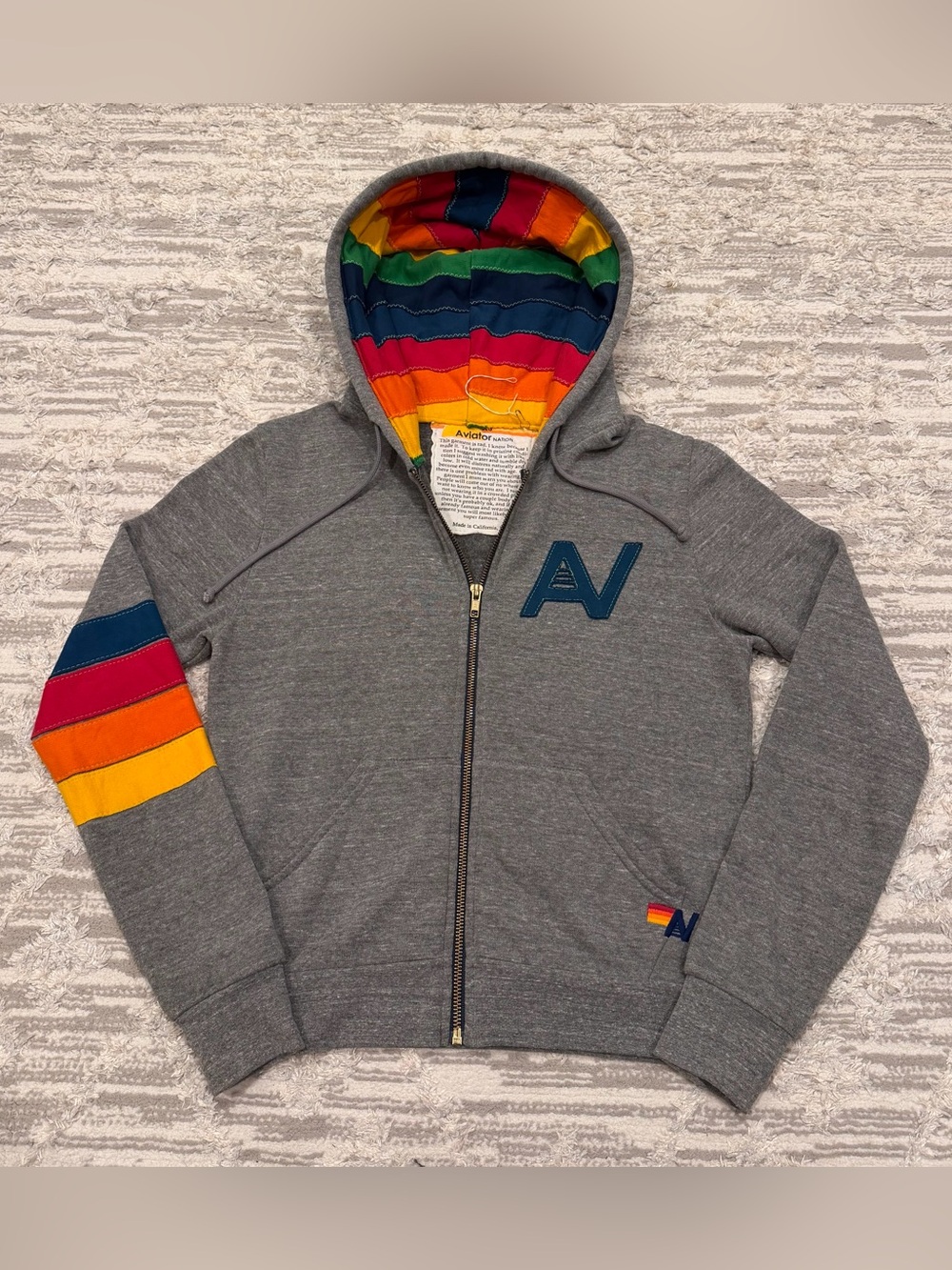Aviator Nation Signature Rainbow Stripes Hoodie XS Made In USA Full Zip Rare